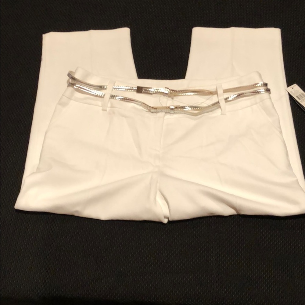 White Capri pants with silver double belts